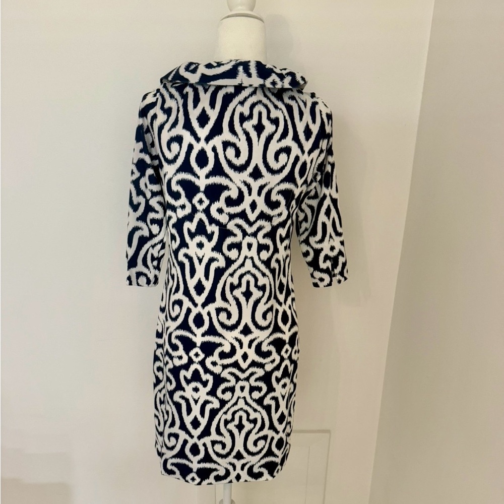 Gretchen Scott Designs Navy White Ikat Ruffleneck Jersey Dress Sz Sm. 3/4 Sleeve - Picture 6 of 6